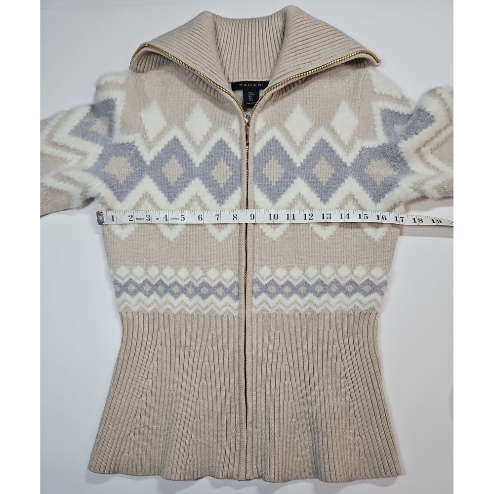 Tahari Womens Tan Fair Isle Collared  Full Zip Knit‎ Cardigan Jacket Size Small - Picture 7 of 8